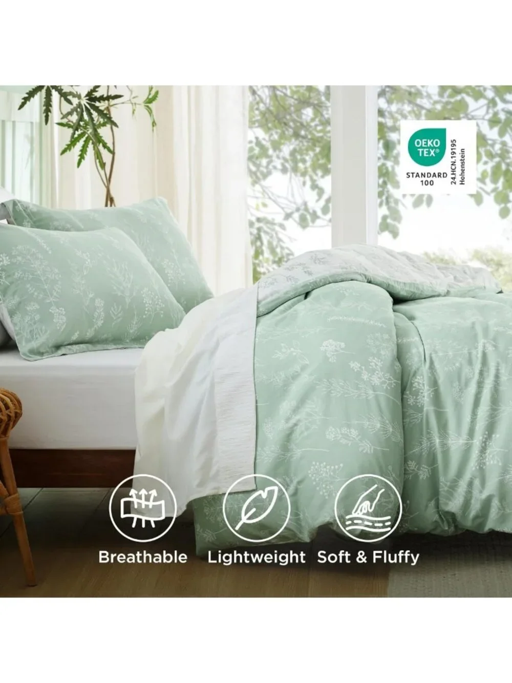 Sage Green Floral Queen Comforter Set - 3 Piece Lightweight Bedding, Reversible